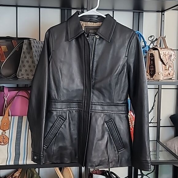 Coach Womens Hip Length Soft Black Leather Signature Lined Full-Zip Jack…